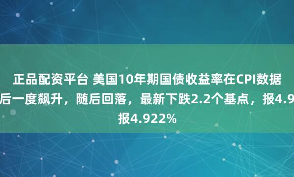正品配资平台 美国10年期国债收益率在CPI数据公布后一度飙升，随后回落，最新下跌2.2个基点，报4.922%